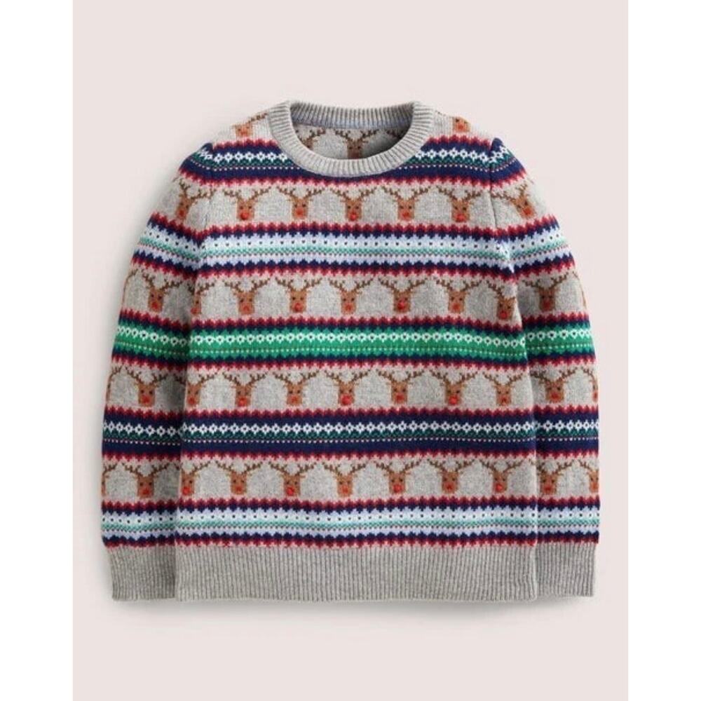 Mini Boden WOOL Blend Christmas Reindeer Sweater Fair Isle Knit Sz 9-10Y - Picture 9 of 9